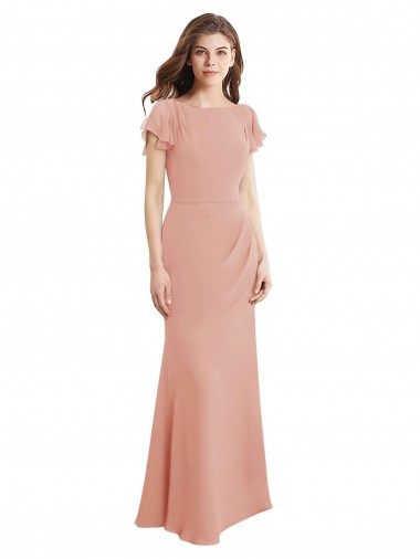 Cheap Cap Sleeves Long Chiffon Prom Dress with Low V-Back UK