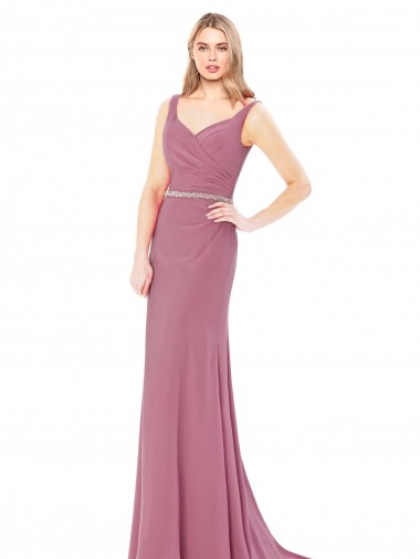Cheap Long Slim Chiffon Prom Dress with Beaded Waist UK