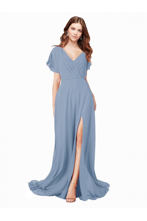 Cheap Chiffon Prom Dress with Flutter Sleeves and Front Slit UK