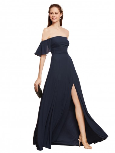 Cheap Off the Shoulder Floaty Sleeves Chiffon Prom Dress with High Slit UK