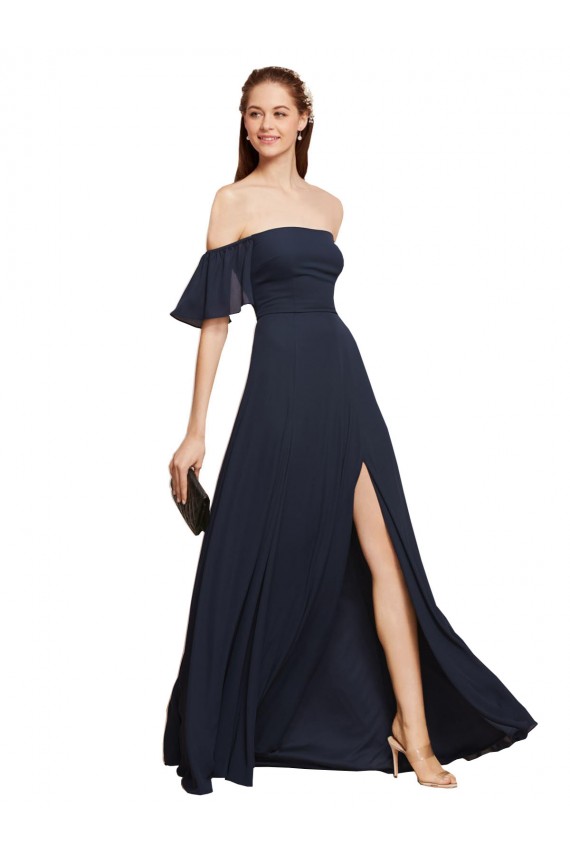 Cheap Off the Shoulder Floaty Sleeves Chiffon Prom Dress with High Slit UK