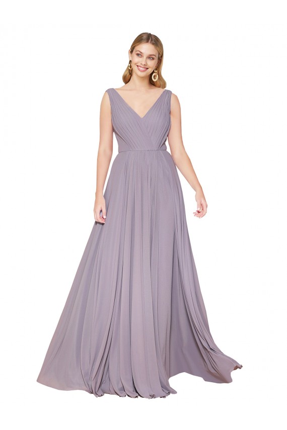 Cheap Draped Floor Length High Neck V-Back Chiffon Prom Dress with Shirred Bodice UK