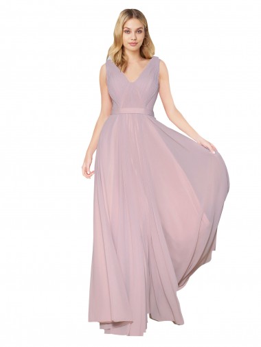 Cheap Draped V-Neck Long Chiffon Prom Dress with Shirred Bodice UK