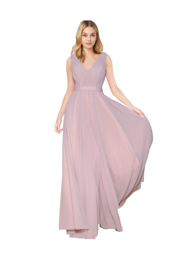 Cheap Draped V-Neck Long Chiffon Prom Dress with Shirred Bodice UK
