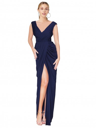 Cheap Draped V-Neck Long Chiffon Prom Dress with Front Slit UK