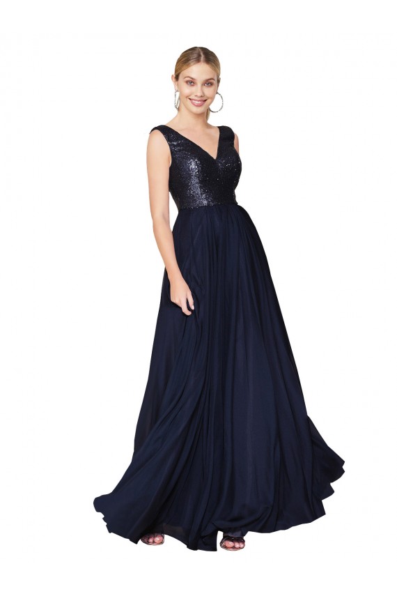 Cheap High Neck V-Neck Long Chiffon Prom Dress with Sequin Top UK