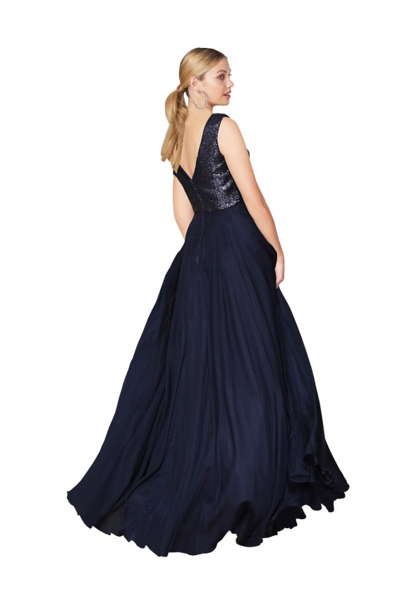 Cheap High Neck V-Neck Long Chiffon Prom Dress with Sequin Top UK