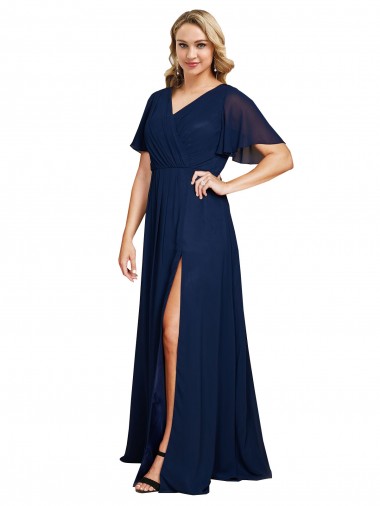 Cheap Chiffon V-Neck Short Sleeves Long Prom Dress with High Slit UK