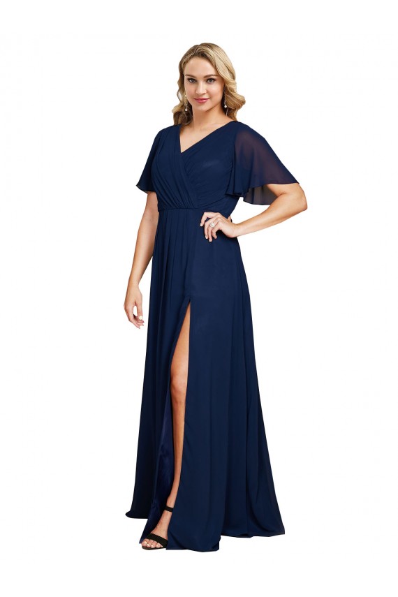 Cheap Chiffon V-Neck Short Sleeves Long Prom Dress with High Slit UK