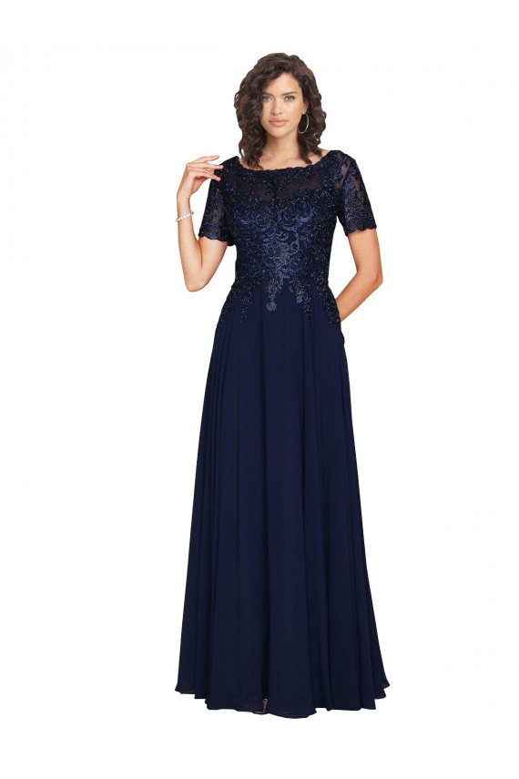 Cheap Short Sleeves A-Line Long Chiffon Prom Dress with Beaded Bodice UK