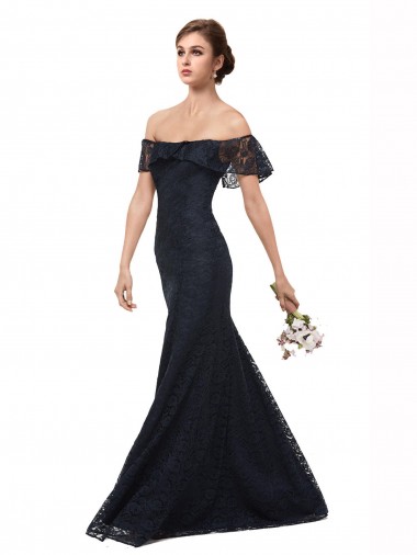 Cheap Off the Shoulder Long Lace Prom Dress with Flutter Sleeves UK