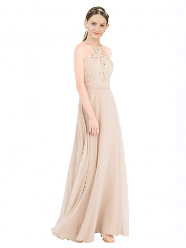 Cheap High Halter Neck Illusion Lace Prom Dress with Chiffon Skirt and Keyhole Back UK