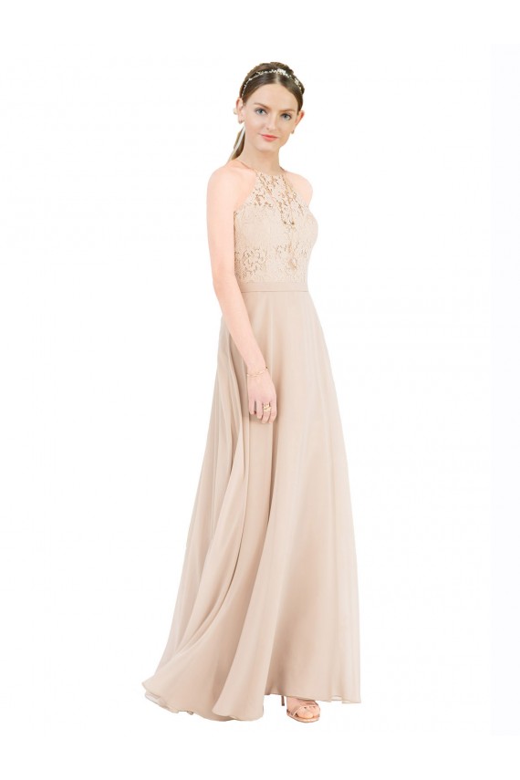Cheap High Halter Neck Illusion Lace Prom Dress with Chiffon Skirt and Keyhole Back UK