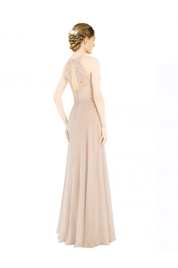 Cheap High Halter Neck Illusion Lace Prom Dress with Chiffon Skirt and Keyhole Back UK