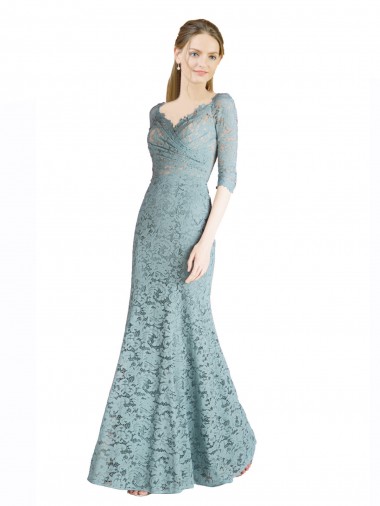 Cheap Half Sleeves Pleated Lace Prom Dress with Wrap-Around Portrait Neckline UK