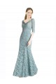 Cheap Half Sleeves Pleated Lace Prom Dress with Wrap-Around Portrait Neckline UK