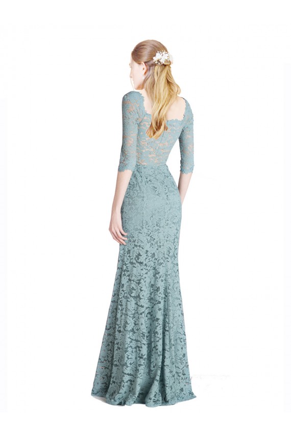 Cheap Half Sleeves Pleated Lace Prom Dress with Wrap-Around Portrait Neckline UK