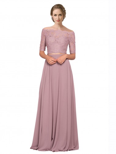 Cheap Off the Shoulder Lace Crop Top A-Line Chiffon Prom Dress UK
