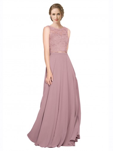 Cheap Long A-Line Chiffon Prom Dress with Sleeveless Lace Crop Top UK