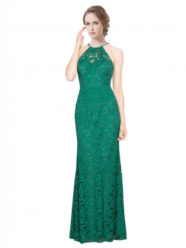 Cheap High Illusion Halter Neck Long Lace Prom Dress UK