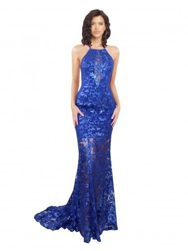 Cheap High Neck Long Open Back Lace Prom Dress with Train UK