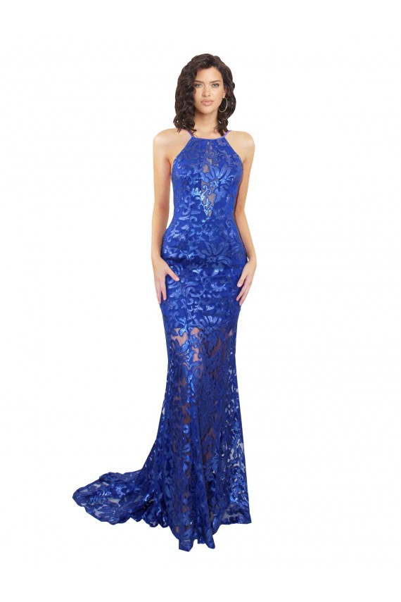 Cheap High Neck Long Open Back Lace Prom Dress with Train UK