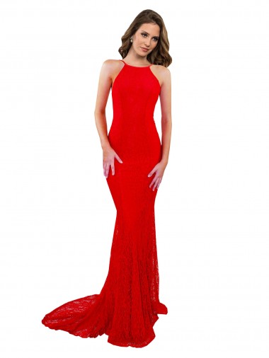 Cheap High Neck Long Lace Prom Dress with Open Back Straps UK
