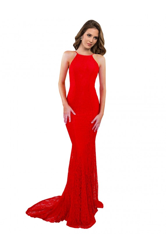 Cheap High Neck Long Lace Prom Dress with Open Back Straps UK