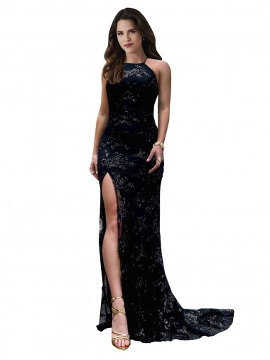 Cheap High Neckline Lace Open Back Prom Dress with High Slit UK