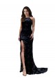 Cheap High Neckline Lace Open Back Prom Dress with High Slit UK