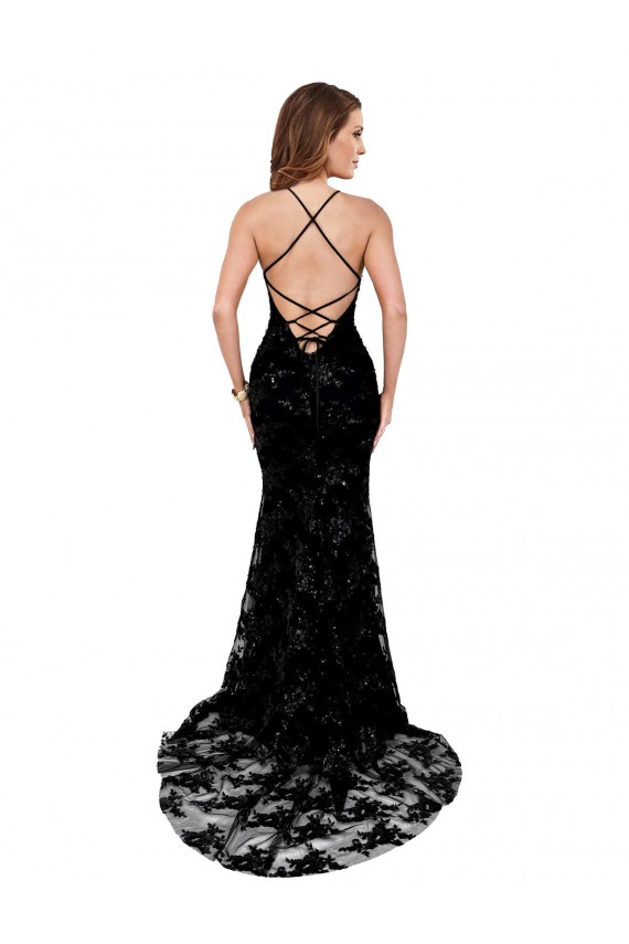 Cheap High Neckline Lace Open Back Prom Dress with High Slit UK