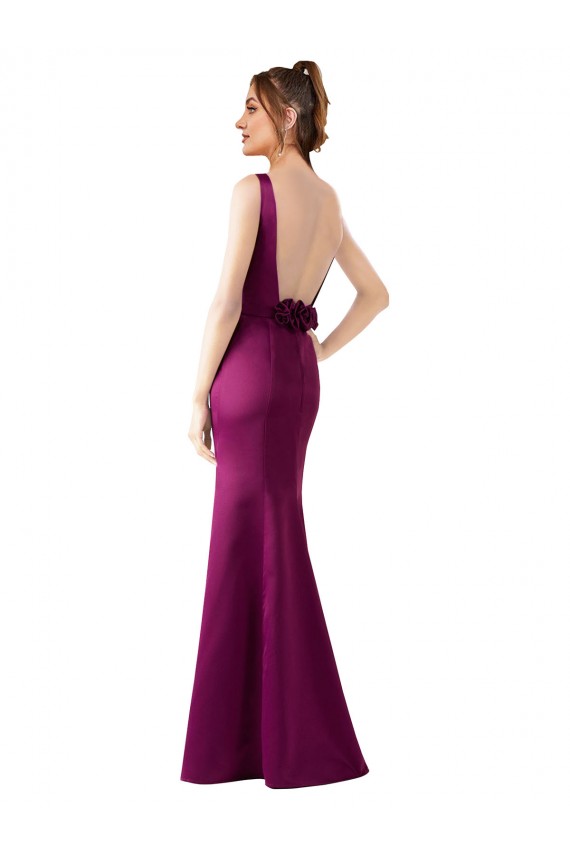 Cheap Fitted Sexy Open Back Satin Prom Dress with Floral Details UK