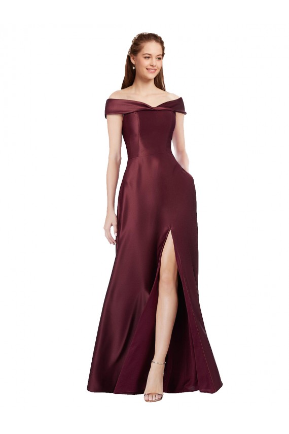 Cheap Long Off the Shoulder Satin Prom Dress with Thigh-high Slit UK