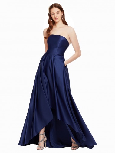 Cheap High Low Strapless Satin Prom Dress with Pockets UK