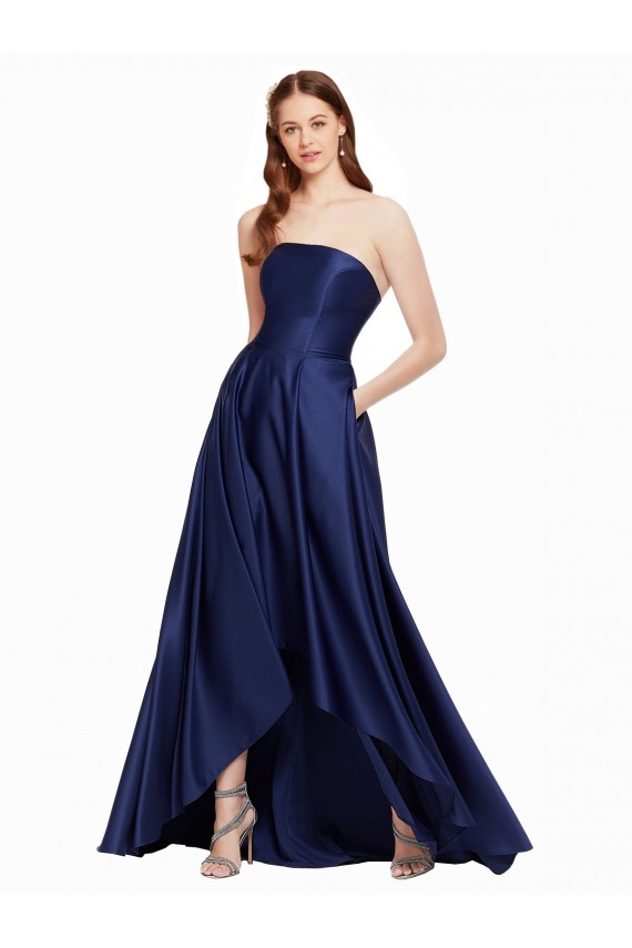 Cheap High Low Strapless Satin Prom Dress with Pockets UK
