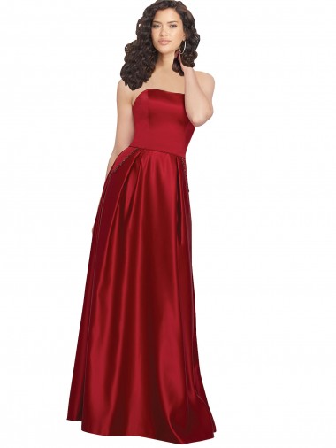 Cheap Strapless Satin Prom Dress with Beaded Pocket and Soft Pleating UK