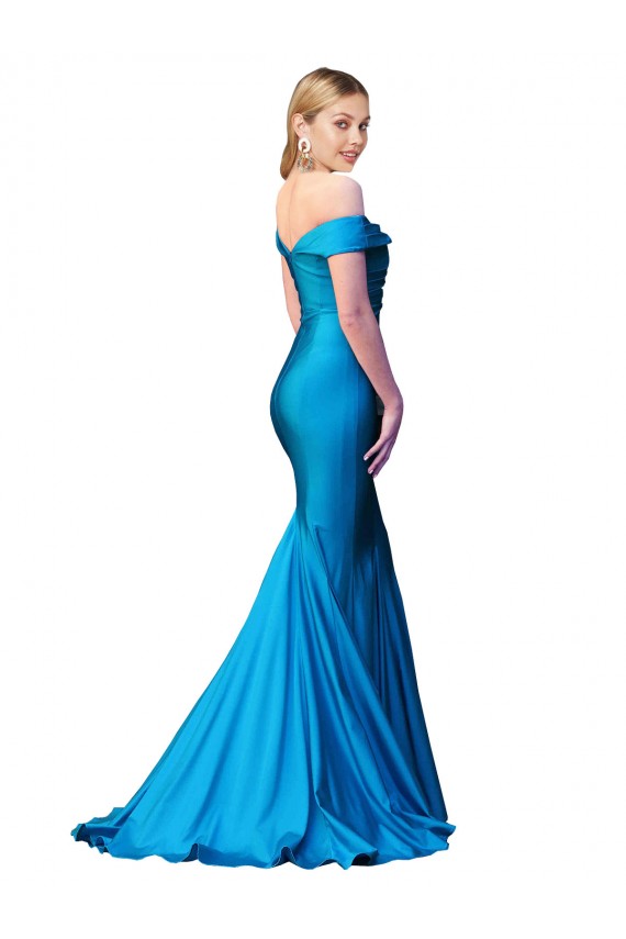 Cheap Off the Shoulder Long Chapel Train Satin Prom Dress UK