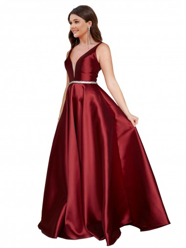 Cheap Sleeveless Deep V-Neck A-Line Satin Prom Dress with Pockets UK