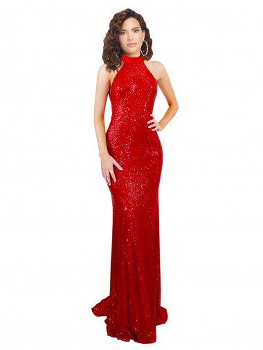 Cheap Halter High Neck Mermaid Open Back Sequin Prom Dress UK