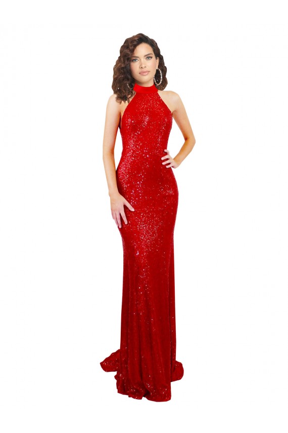 Cheap Halter High Neck Mermaid Open Back Sequin Prom Dress UK