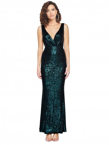 Cheap V-Neck Full Length Sequin Prom Dress with Draped Back UK