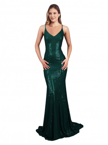 Cheap Fishtail Shaped V-Neck Open Back Long Sequin Prom Dress UK