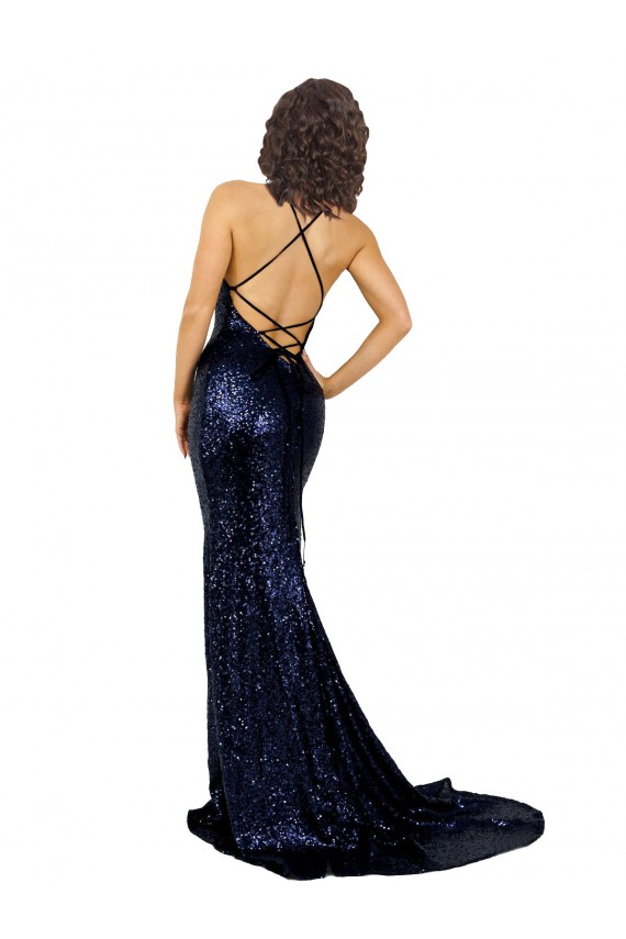 Cheap Mermaid V-Neck Low Back Long Sequin Prom Dress UK