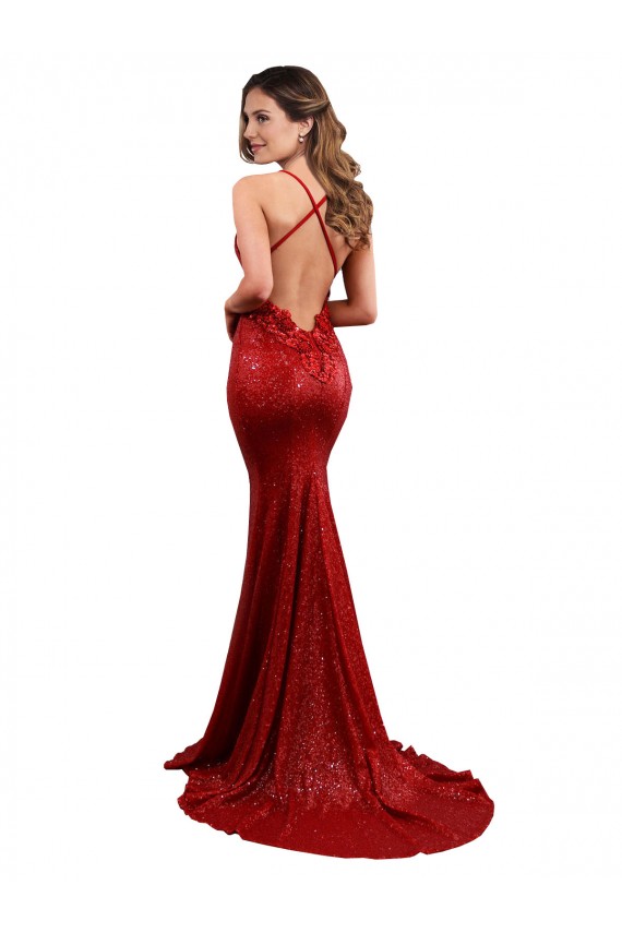 Cheap Low Back Mermaid V-Neck Long Sequin Prom Dress UK