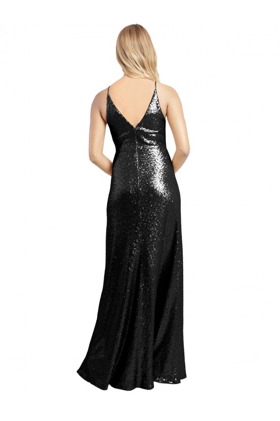 Cheap Full Length A-Line Sequin Prom Dress with Spaghetti Straps V-Neckline UK