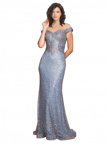Cheap Off the Shoulder Sweetheart Neckline Sequin Prom Dress with Thigh High Slit UK