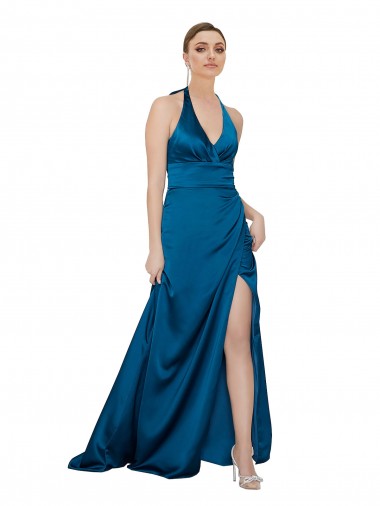 Cheap Halter Neck Silky Satin Prom Dress UK