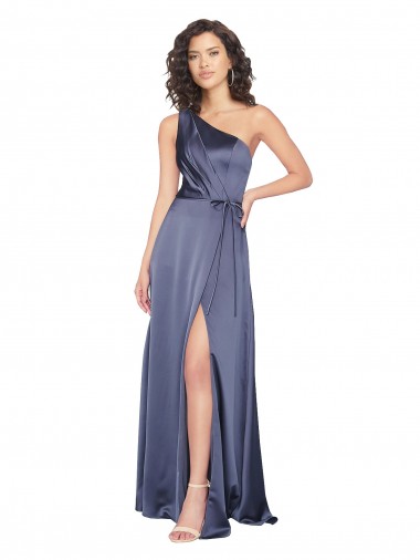 Cheap Draped Silky Satin Prom Dress with Tied Waist UK
