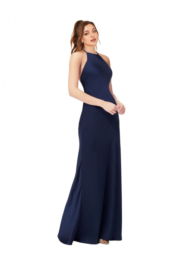 Cheap High Neck Satin Prom Dress with Strappy Back UK