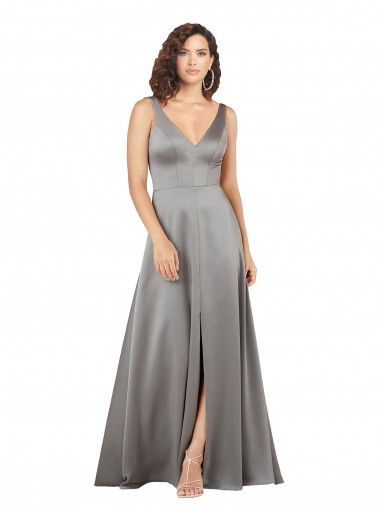 Cheap Plunging V-Neckline Long A-Line Silky Satin Prom Dress UK